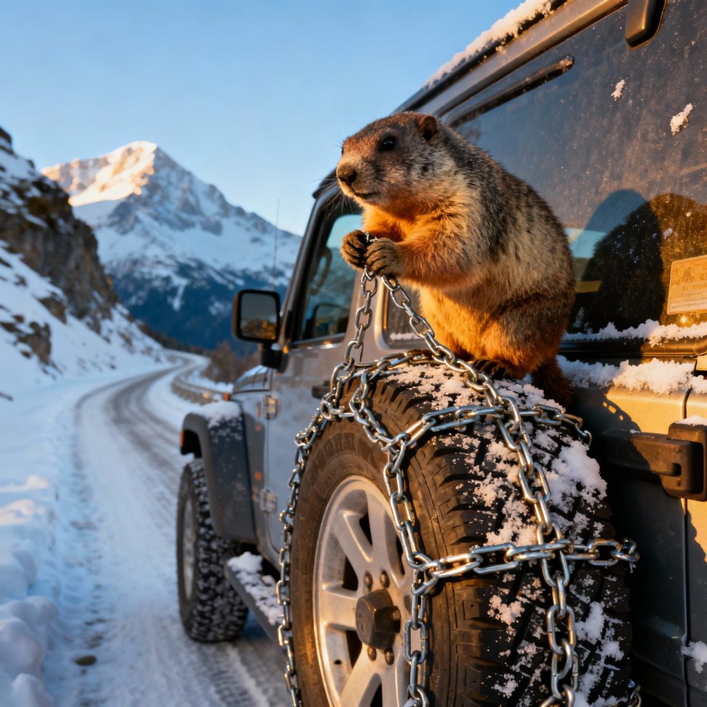 Marmot putting on tire chains