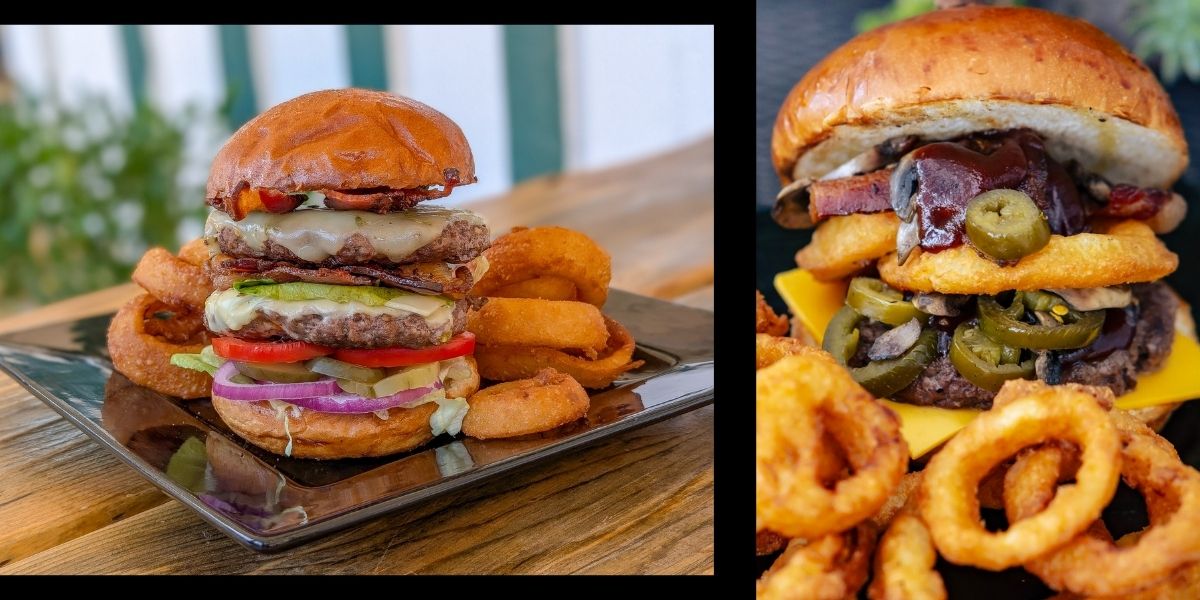 The Weekend Warrior Burger comes with 2/3 lb of patties, bacon, and cheese. The California Forest Fire Burger includes jalapenos and a sriracha aioli.